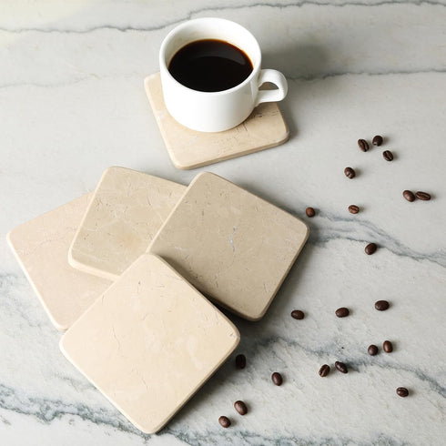 Set 6 3.9" inches Koville of Natural Marble Coasters for Coffee Table with Holder, Beige Yellow Marble Coaster Square