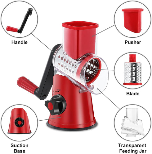 Rotary Cheese Grater for Kitchen, Vegetable Slicer with 3 Drum Blades, Fast Cutting Shredder for Cheese and Nuts