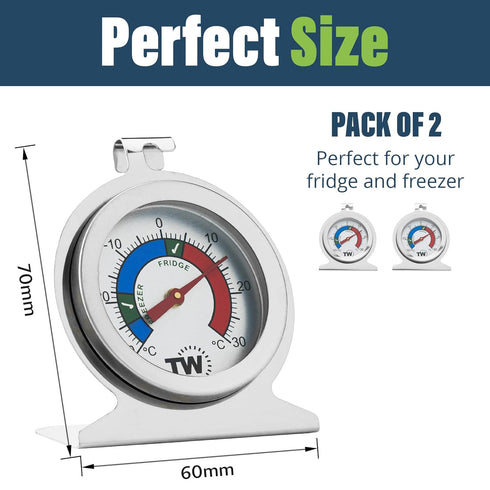 Twin Pack Fridge Freezer Thermometer for Monitoring Refrigerator Temperature - Stainless Steel