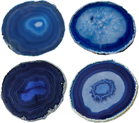 JIC Gem 3-3.5" Dyed Blue Color Small Size Agate Coasters Set of 4 with Protective Rubber Bumper