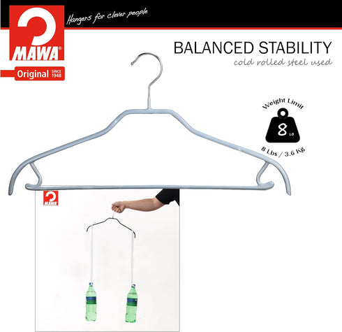 MAWA by Reston Lloyd Silhouette Series Non-Slip Clothes Hanger with Bar & Hook for Pants and Skirts, Set of 5, Silver