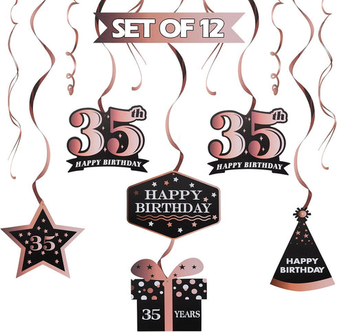 LINGTEER Happy 35th Birthday Decorations, 12 Pcs Black & Rose Gold Foil Swirls Streamer Set for 35 Years Old