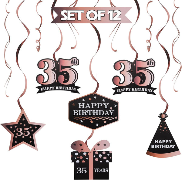 LINGTEER Happy 35th Birthday Decorations, 12 Pcs Black & Rose Gold Foil Swirls Streamer Set for 35 Years Old