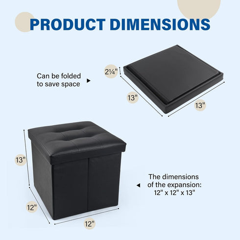 2 Pack, 13x12x12 Inches 260 lb, LotFancy Storage Ottoman, Foldable Foot Rest Stool, Small Leather Bench with Storage