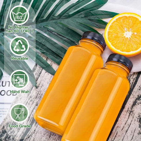 Leaflai 12 Pack -12oz 12 Plastic Juice Bottles with Caps Reusable Juicing Containers with Labels & Silicone Funnels