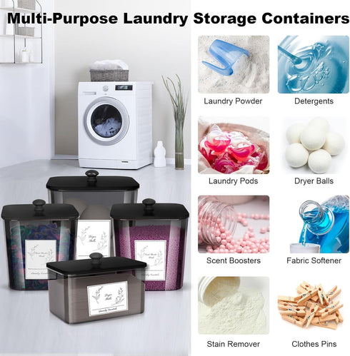 4 Pack Zingbee Laundry Detergent Containers & Dryer Sheet Holder with Black Lids, Scoops & Labels - Plastic Laundry