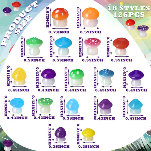 RoundFunny 126 Pcs Tiny Resin Mushrooms Glow in the Dark Mini Mushrooms for Craft Luminous Figurines for Garden