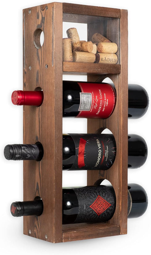 Rustic State Sonoma Countertop Wood Vertical Wine Rack, Freestanding Tabletop Holder for 3 Bottles, Burnt Brown