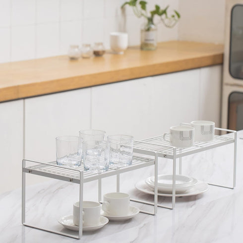 Kitchen Cabinet Shelf Organizer Rack, 2 Pack, Pantry Storage, Bathroom Bedroom Office Table Desk Space Saving, Steel