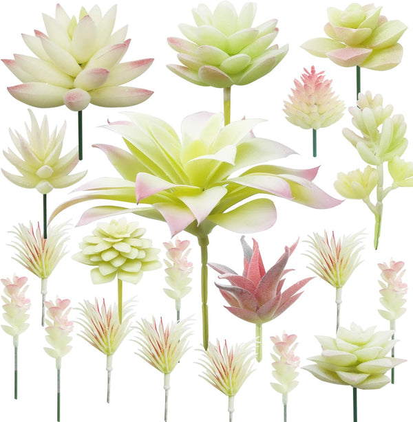 Cayway 20 PCS Creamy White Artificial Succulents Picks - Fake Succulent Assortment for Indoor and Outdoor Decor