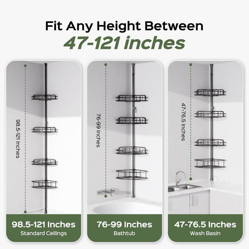 4-Tier 47-121 Inch HAMITOR Shower Caddy Tension Pole: Rustproof Bathroom Corner Shelf Organizer for Renters - No Drill