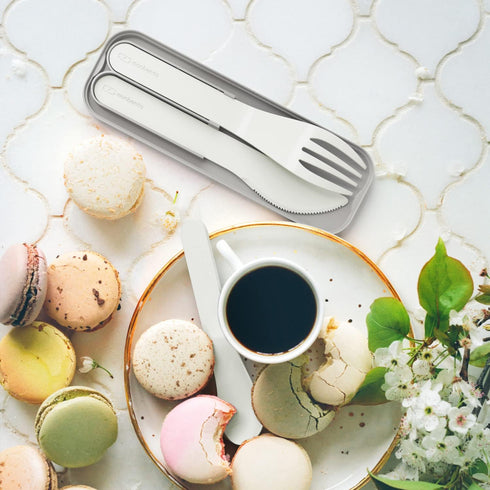 MONBENTO Cutlery Set for Lunch Box MB Pocket Natural, 3 Pieces Fork Knife Spoon, Biodegradable Plastic, Cream