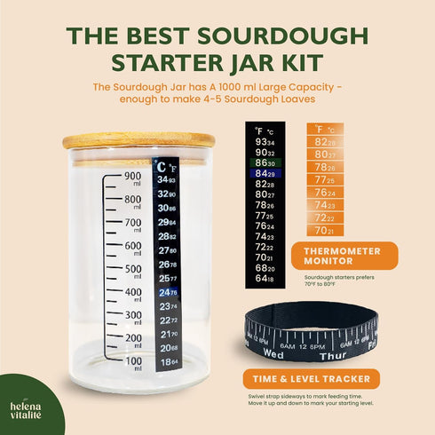 Helena Vitalit Set 10" 9" Bannetons,1000ml Sourdough Starter Kit Bread Baking with Oval & Round Silicone Starter Jar