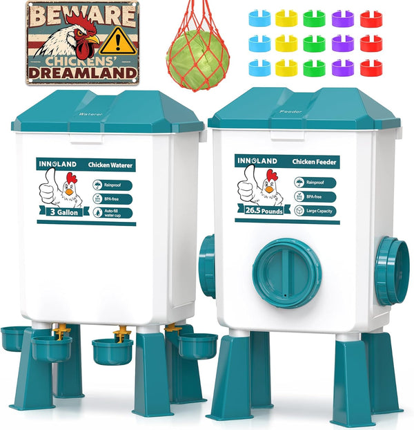 Chicken Feeder and Waterer Set - 3 Gallon/26.5 Pounds, Automatic Chicken Waterer