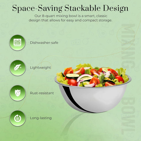OCS Parts 8 Quart Mixing Bowl, 13.25-Inch Stainless Steel Professional Grade Flat Base for Kitchens