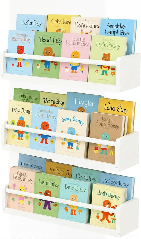White Nursery Floating Shelves Set of 3 Wall Mounted Kids Bookshelf &