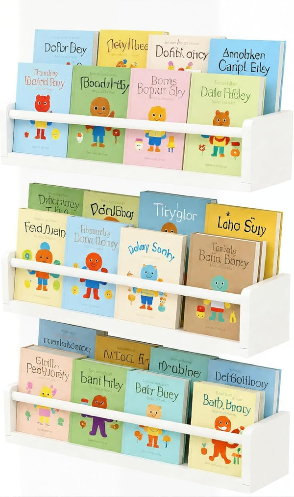 White Nursery Floating Shelves Set of 3 Wall Mounted Kids Bookshelf &