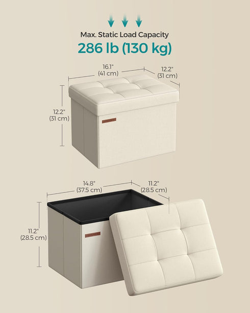 12.2 16.1 12.2 Inches, 286 lb ULSF102W01 SONGMICS Mazie Collection - Small Folding Storage Ottoman, Foot Rest Stool, x