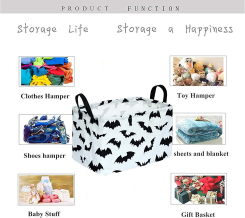 KUNRO Bat Pattern Halloween Storage Gift Basket, Canvas Storage Bins with Handles, Rectangle Organizer