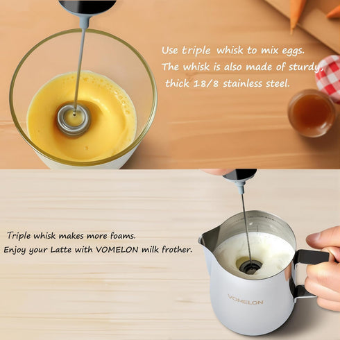 VOMELON 2 Milk Frother Handheld, Battery Operated Coffee Foamer Drink Mixer with Stainless Steel Electric Whisks