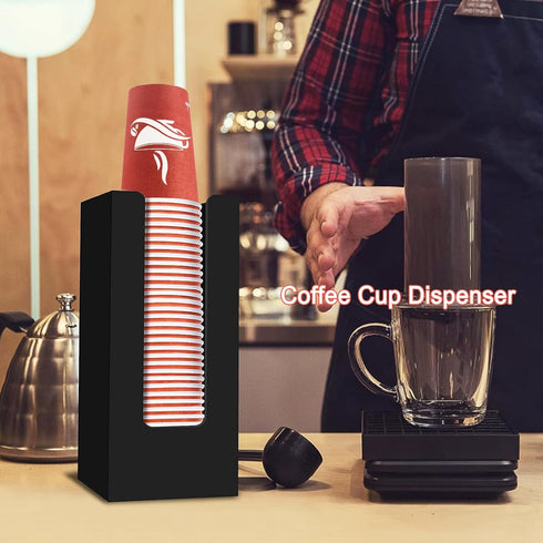 Coffee Cup Dispenser, Acrylic Cup and Lid Organizer for 5 to 16 oz Disposable Paper & Plastic Cups, Black