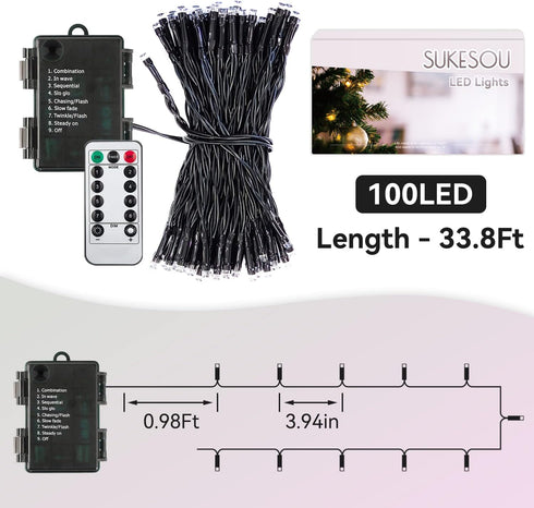 33Ft 100 Battery Fairy Light Outdoor LED Christmas Lights for Indoor Outdoor Waterproof with Remote Control Timer