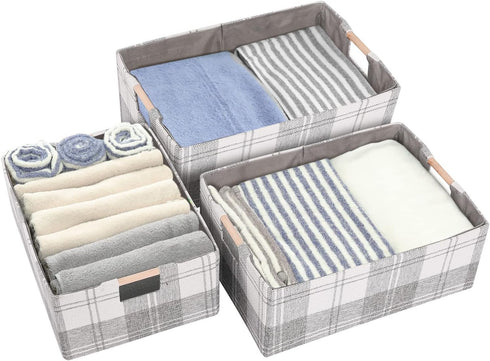 Fabric Storage Bin Box, Collapsible Cotton Linen Storage Cube with Wooden Handles, Light Gray Plaid, Medium