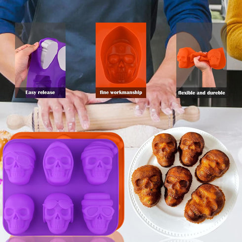 Sakolla Large Skull Cake Pan, 2 Pack 6 Cavity Silicone Molds for Halloween Cakelet, Chocolate, Candy Baking