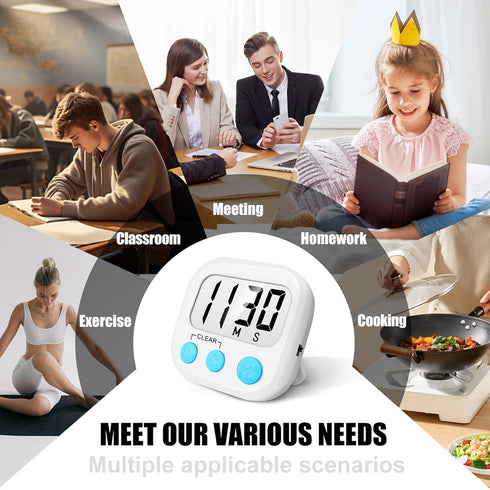 2 Pack Digital Kitchen Timer for Cooking, Big Digits Loud Alarm, Magnetic Backing Stand for Baking, White
