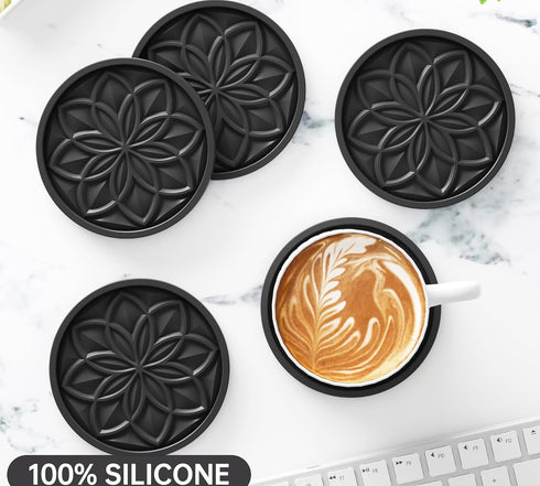 Set 6 HFHOME Silicone Coasters for Drinks - Pcs Cup Mat for Coffee Table, Desk, Bar - Home Decor Tabletop Protection