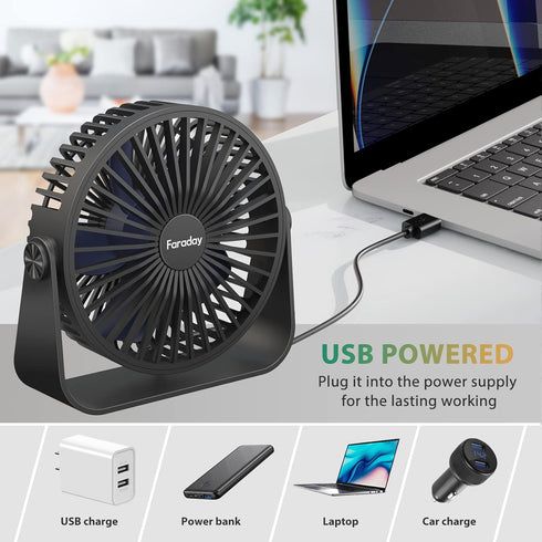 FARADAY USB Desk Fans, 5 Inches Portable Table Fans with 360° Head Rotation for Home Office, 3 Speeds, Black