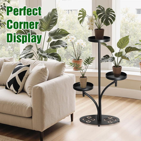 3 Indoor Tier Black Plant Stand, Tall Metal Plant Stand, Heavy-duty Base in the Shape of a Four-leaf Clover, Layered