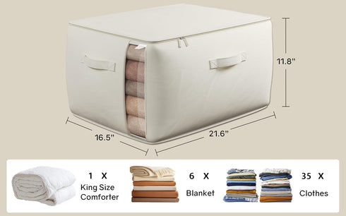 Large Canvas Clothes Storage Bags, 2 Pack, Foldable Cotton Linen Organizer with Thick Handles and Clear Window, Beige
