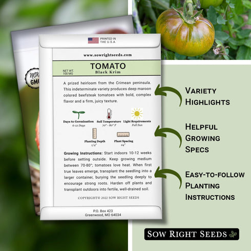 (1) Sow Right Seeds - Black Krim Tomato Seeds for Planting - Medium Dark Maroon Beefsteak - Non-GMO Heirloom Tomato