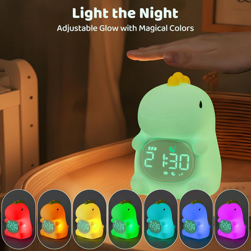 Dinosaurs Alarm Clock with Night Light for Kids with Sleep Training and Sound Machine, Rechargeable Silicone Lamp OK