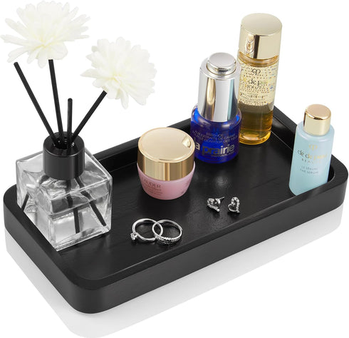 ALELION 8" Black Bathroom Vanity Tray, Wood Organizer for Dresser Tops, Soap Dispenser, Jewelry Catchall