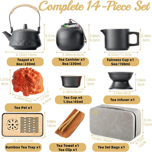 Set, Set 8oz Teapot,14-Piece ICHAG Japanese & Chinese Tea Adults' Portable Gongfu Tea with Teapet with Porcelain