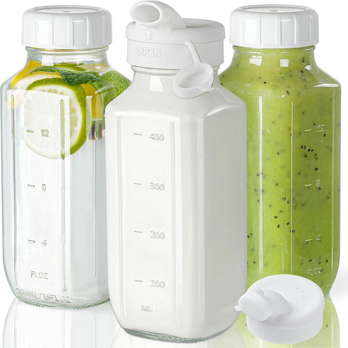 Syntic Glass Juice Bottles with Lids, 3 Pack Clear Glass Water Bottles