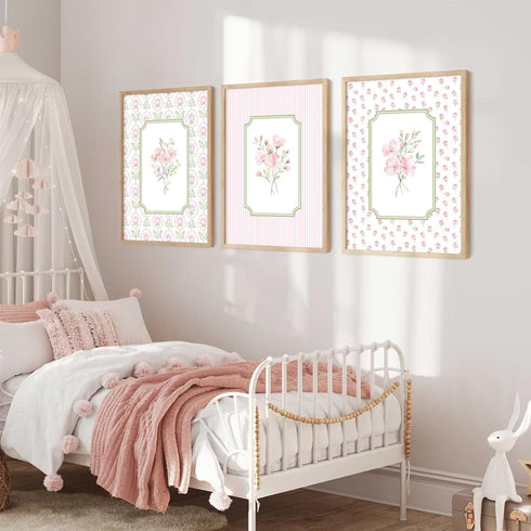 Pouydmi 12x16 Inch 3Pcs Pink Floral Wall Art Nursery Flower Canvas Wall Decor Baby Girl Wildflower Pictures Aesthetic
