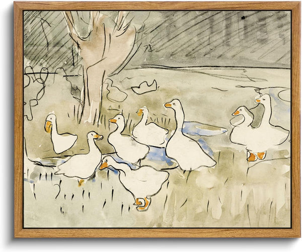 Framed Vintage Nursery Wall Decor - Rustic Duck Art Prints for Bedroom, Cute Bathroom Canvas Painting