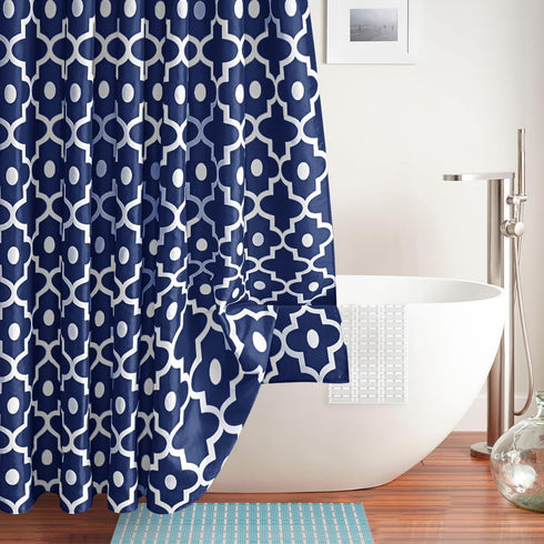 Biscaynebay Extra Long Textured Fabric Shower Curtains - 72" W x 84" L, Navy Morocco Pearl Printed Luxury Bathroom