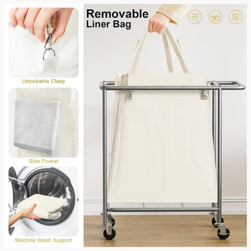 Wheels,160L 2 Chrislley Double Laundry Hamper with Rolling Laundry Basket Section,Steel Frame Laundry Cart with Handle