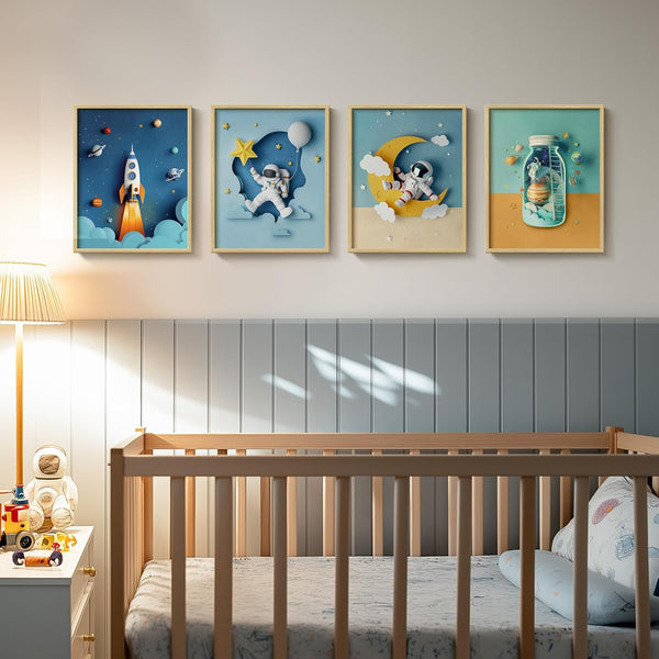 Framed Space Nursery Canvas Wall Art Prints for Baby Boy Room, Set
