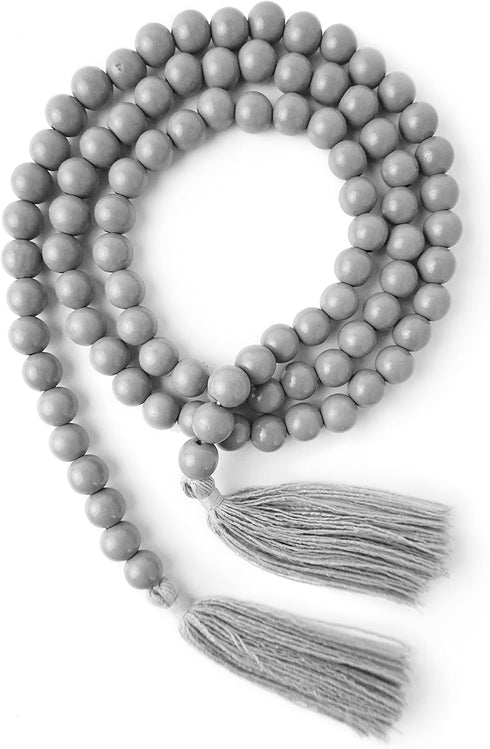 Wooden Beads Garland with Tassels - 61 Inch Grey Wood Bead Garland for Modern Farmhouse and Boho Home Decor