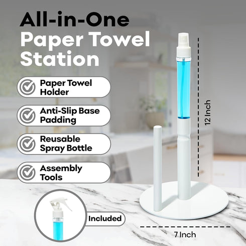 Josef Mention Trading 2-in-1 Stainless Steel Paper Towel Holder with Spray Bottle | White | J.M.T HomeGoods