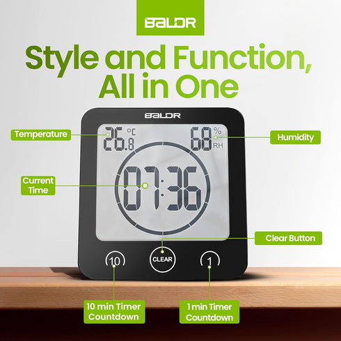 BALDR Digital Shower Clock with Timer - Black, Water-Resistant Countdown Timer Clock for Shower, Bathroom