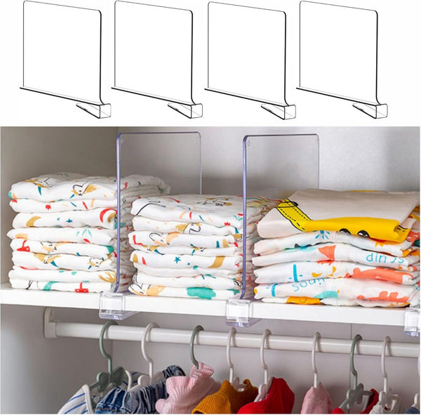 Yieach Acrylic Shelf Divider for Closet Organization, Clear Dividers for Wood Shelves, Pack of 4 for Clothes Separation