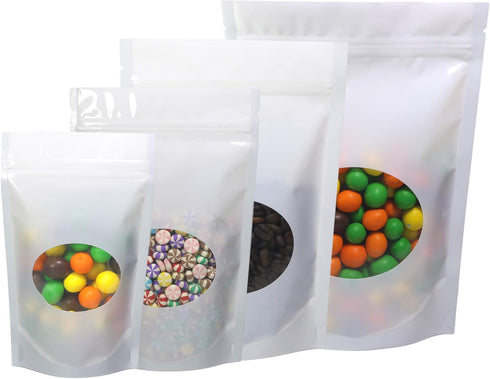 Double-Sided Matte/Glossy Color Stand-Up Pouch with Clear Round Window (100 Bags/Pack) (4" x 6.3", Glossy White)