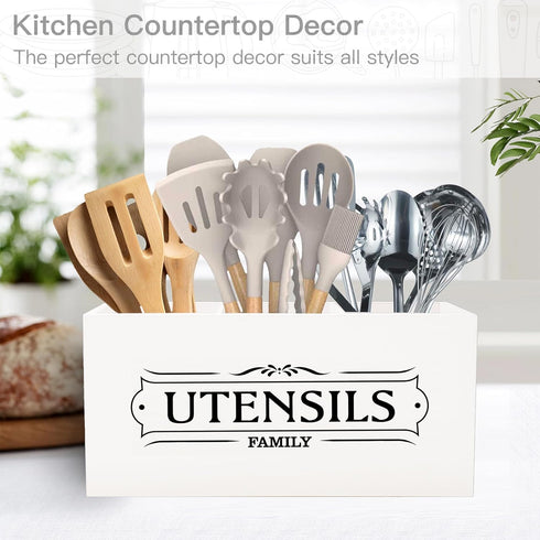 Kitchen Utensil Holder for Countertop-Utensil Holder for Party, Cooking Utensil Holder, Farmhouse Kitchen Decor, Wooden Large Utensil Holder (White)