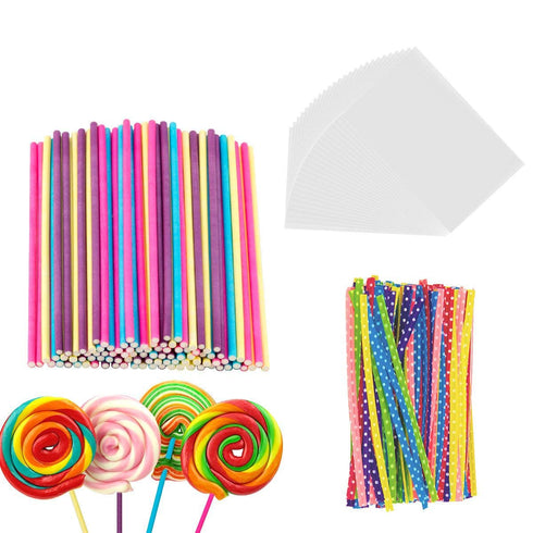 BEFORYOU 6 Inch Cake Pop Sticks Set, Pack of 300 with 100 Pieces Parcel Bags, Colorful Treat Sticks